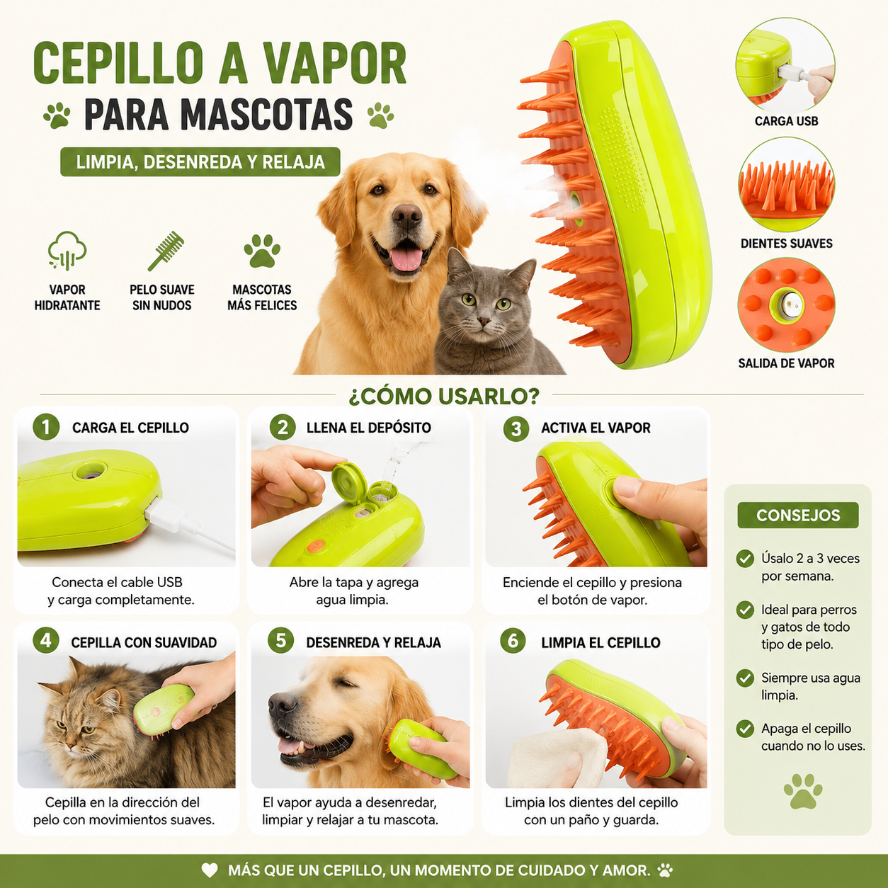 🐶✨ CEPILLO A VAPOR PARA MASCOTAS ✨🐱 3 en 1